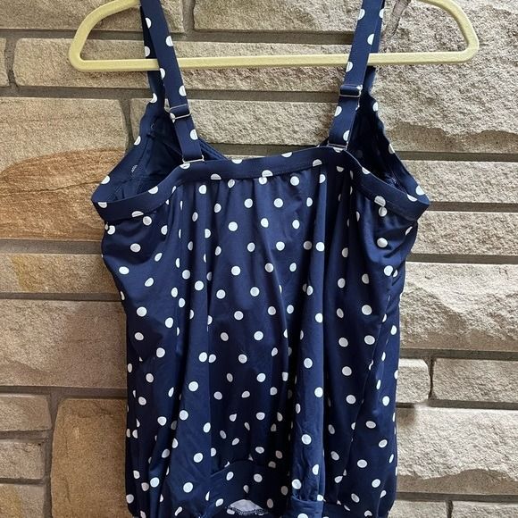 Land's End Chlorine Resistant Blouson Tankini Swimsuit Blue Polka Dot upf50 14DD - Picture 4 of 8